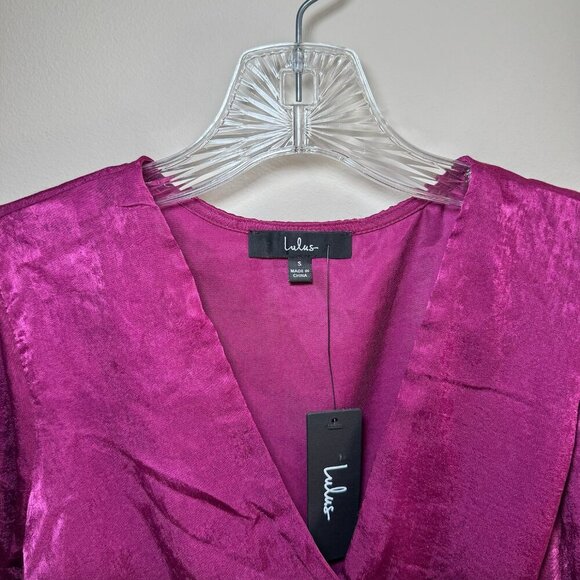 NWT Lulus So Splendid Magenta Purple Satin Long Sleeve Wrap Dress Mini Ruffle S - Picture 3 of 9